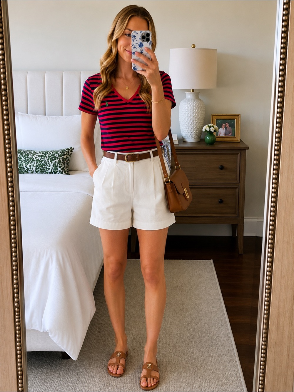 Ralph Lauren Red and Navy Striped V-Neck Tee